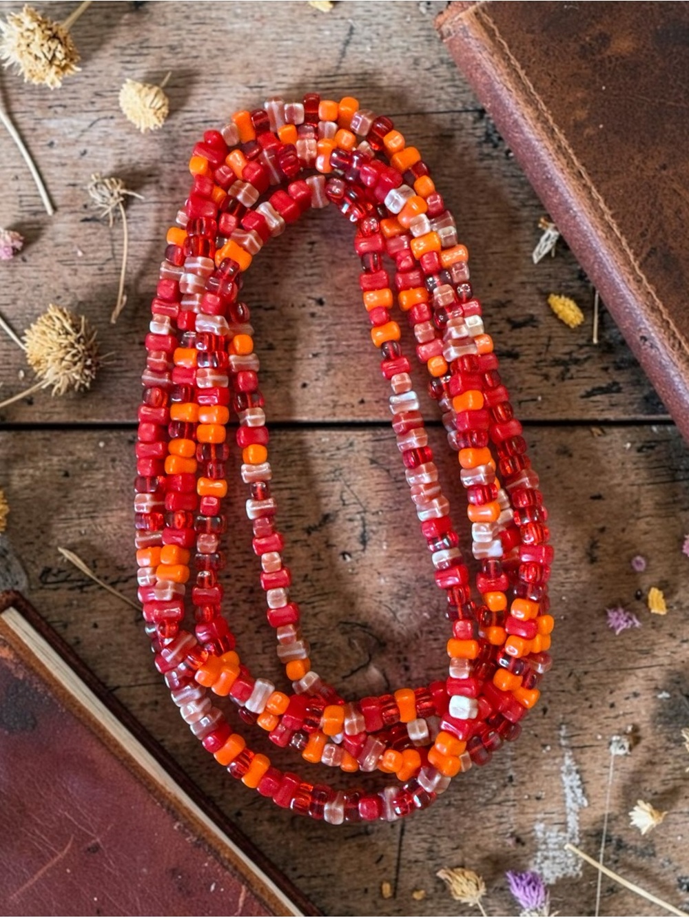 Vintage long strand Red & Orange Rectangular Bead Necklace 49” - Picture 9 of 15